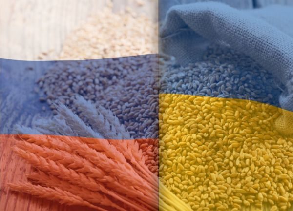 Ukraine Russia flags wheat